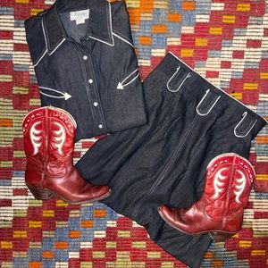 Western Shirt Skirt set Vintage Texas Robellas D Ranchwear Black White trim  M-L